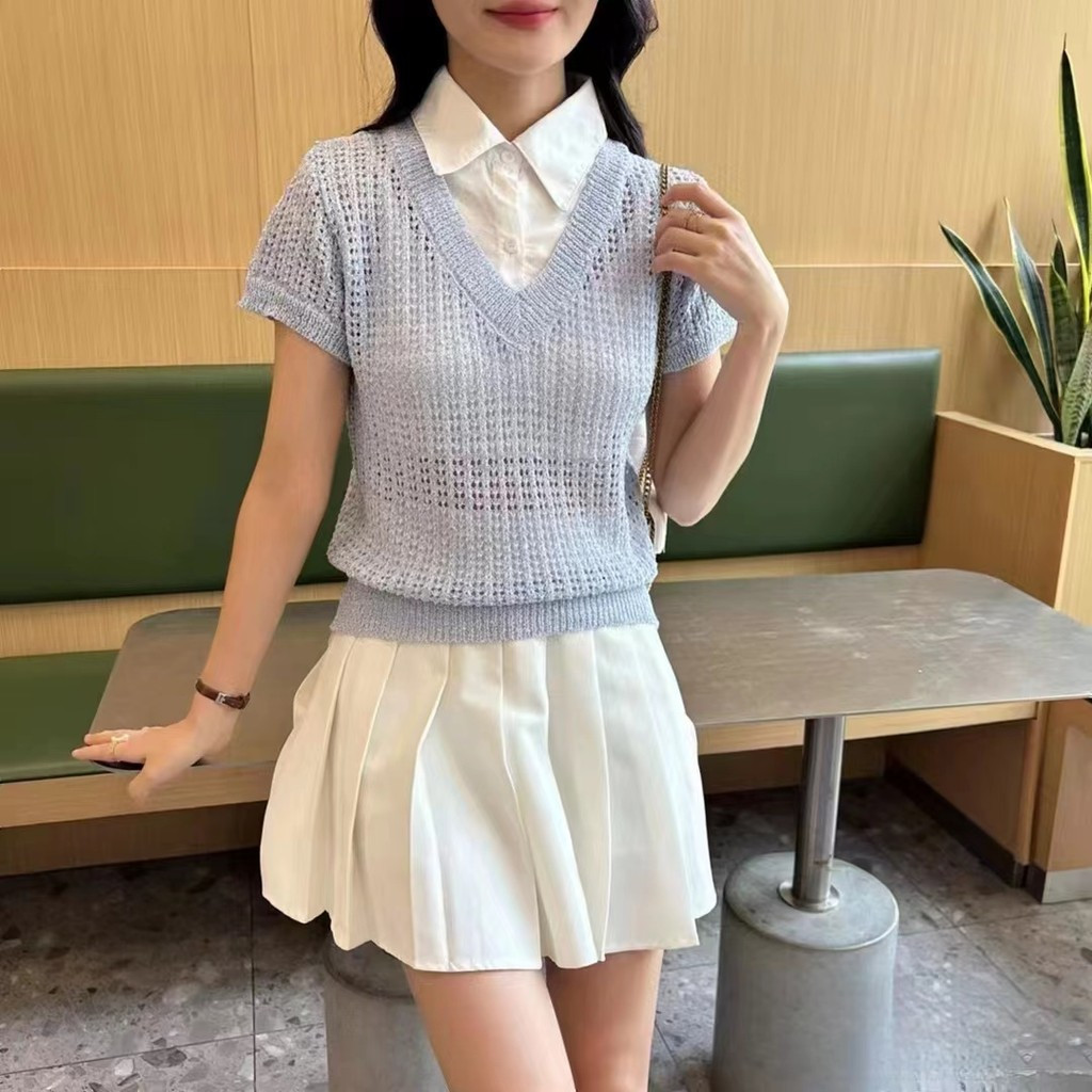 แฟชั่นคอโปโล แพทช์เวิร์ค ถักแบบโปร่ง แขนสั้น สไตล์ L3RF WNZZ