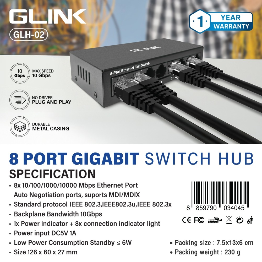 ✅มาตรฐาน GLINK GLH-01 / GLH-02 Gigabit Switch Hub 5Port / 8Port 10/100/1000Mbps สวิตช์ฮับ แลน LAN
