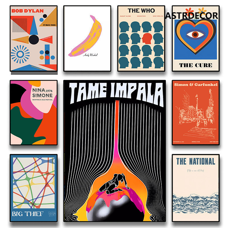 Retro เพลงโปสเตอร์ดําเนินการโดยต่างๆภาพวาดผ้าใบพิมพ์ภาพ Wall Art ภาพ Tame Impala เพลงพิมพ์ตกแต่งบ้าน