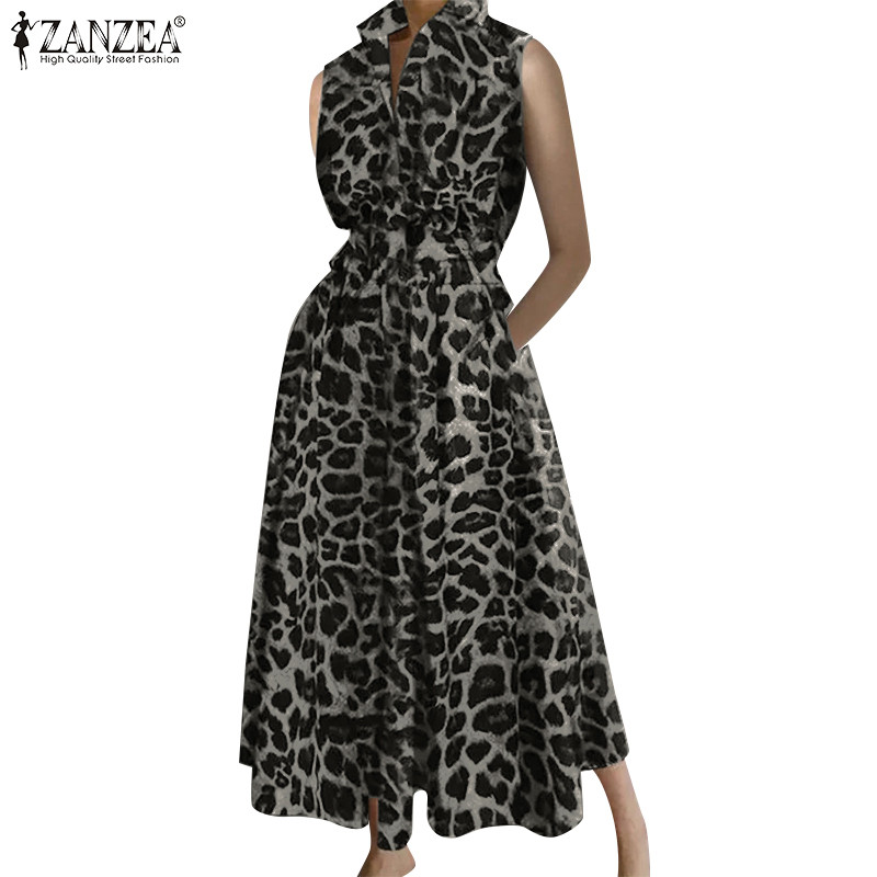 Zanzea ชุดเดรสคอปกพิมพ์ลายเสือดาวผู้หญิงยุโรป