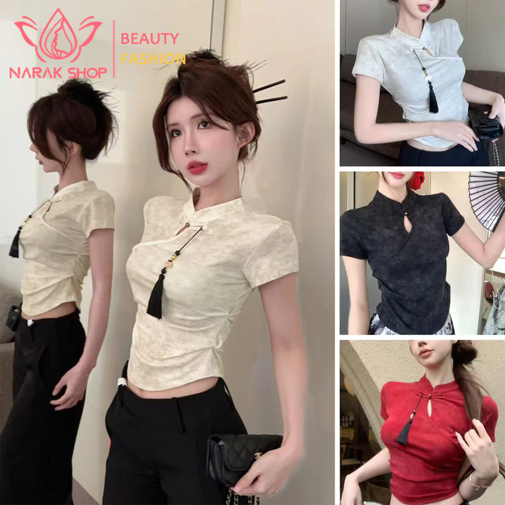 เสื้อยืดสตรีจีนแขนสั้น พิมพ์ลายการ์เมนต์สุดสวย