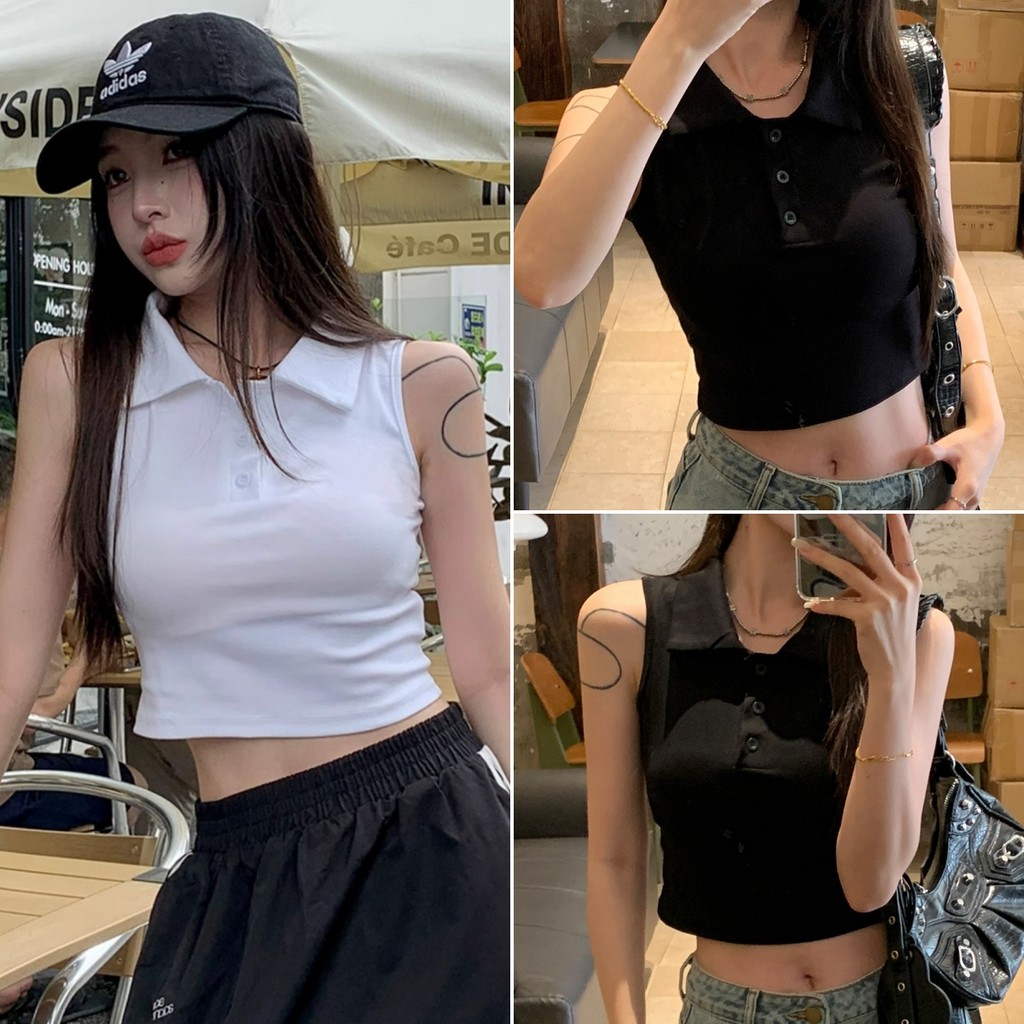 Betty house🌸พร้อมส่ง เสื้อกั๊กสั้นผู้หญิง เสื้อคอโปโล สีทึบ สไตล์เกาหลีแบบเรียบง่าย สบายๆและสบายๆ