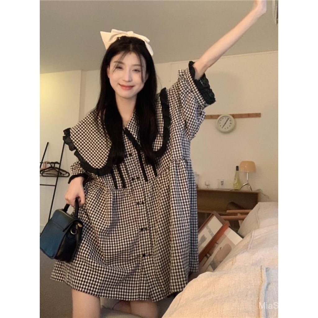 ชุดผู้หญิงฤดูร้อนสไตล์เกาหลีขนาดใหญ่ ❥   ชุดเดรสลายตารางคอตุ๊กตา S-4XL ฤดูร้อนหลวมสลิมหวานเสื้อเชิ้ต