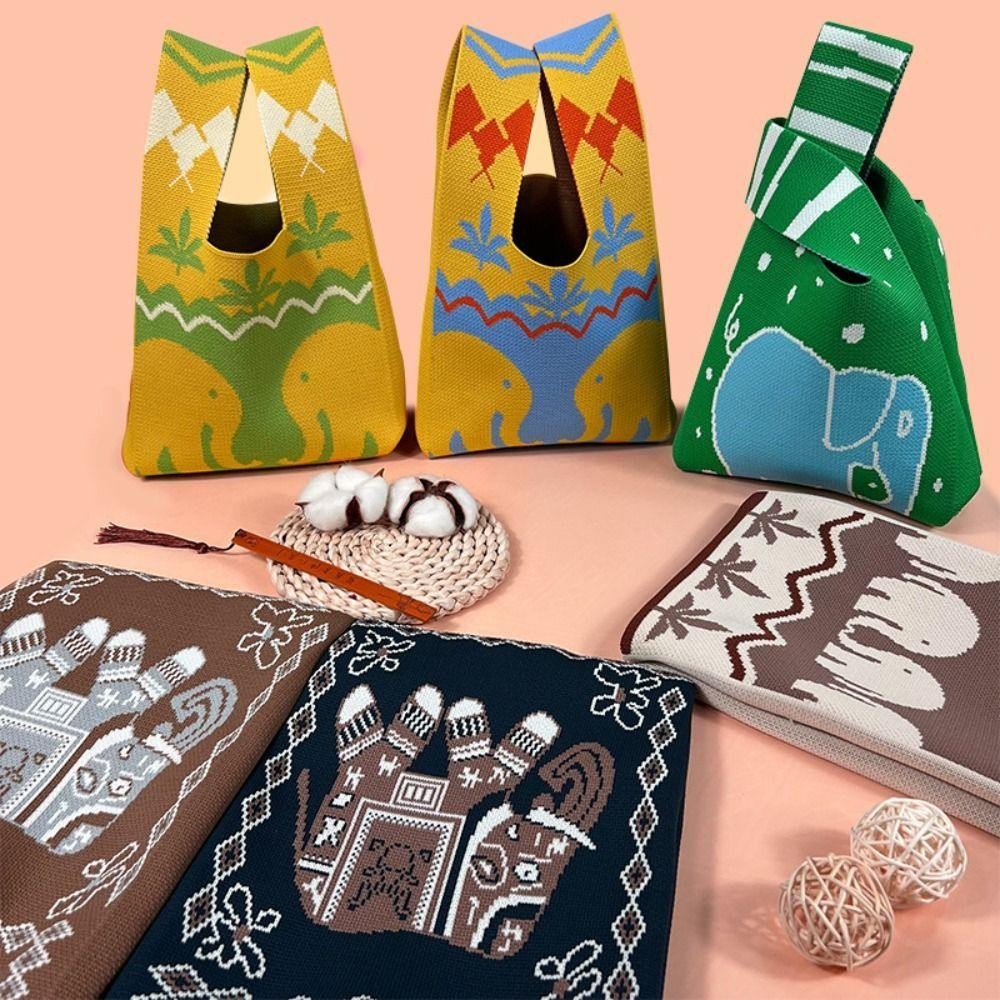 HOBBYIN กระเป๋าช้อปปิ้ง ผ้าถัก ทรงโท้ท แฮนด์เมด ขนาดใหญ่ ลายการ์ตูนช้าง สไตล์ชนเผ่า สําหรับผู้หญิง - รูปที่ 7