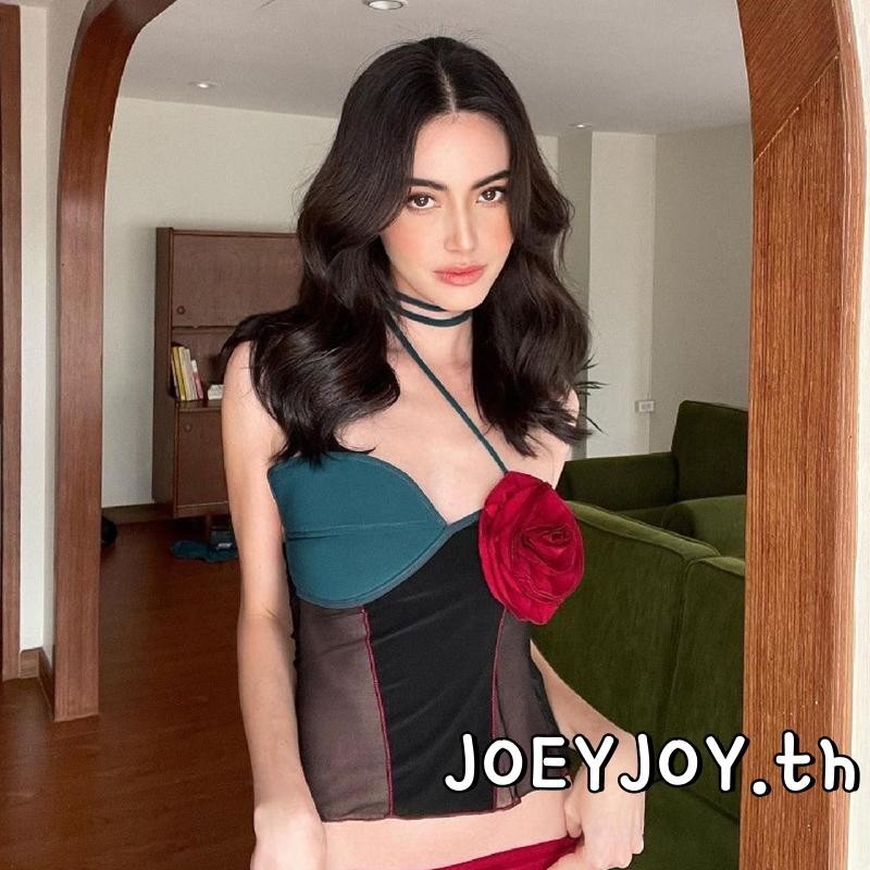 Joeyjoy- เสื้อกล้าม ผู้หญิง เย็บปะติดปะต่อกัน ดอกไม้ ผูกเชือก ที่ไม่มีสายหนัง แขนกุด ฤดูร้อน สลิมฟิต เปิดหลัง เสื้อชั้นในสตรีท