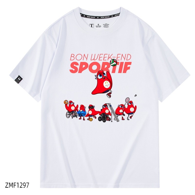 เสื้อยืดสัญลักษณ์มาสคอตโอลิมปิกปารีส 2024 Frigi ผ้าฝ้ายแท้สำหรับคู่รักชายและหญิง