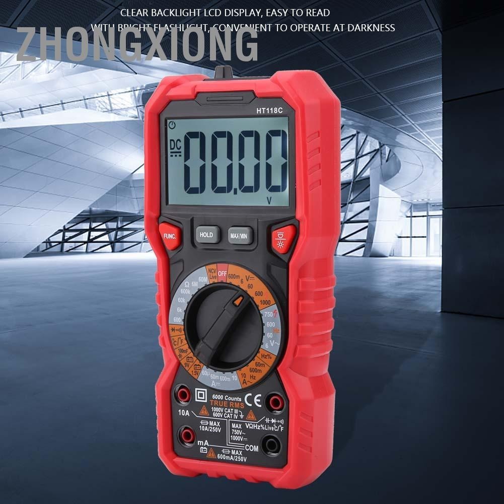 ZhongXiong HT118C มัลติมิเตอร์แบบดิจิตอลแบบใช้มือถือ AC/DC โวลต์แอมป์โอห์มความจุ Hz อุณหภูมิเครื่องทดสอบ w/