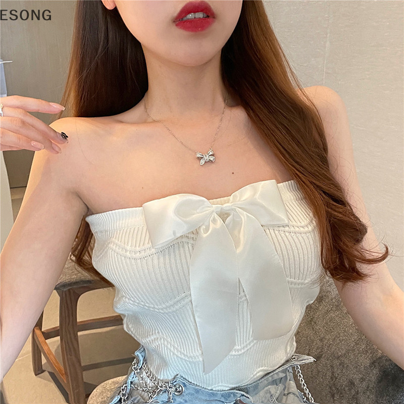 Esong ฤดูร ้ อนเซ ็ กซี ่ Bow Strapless Camisole ผู ้ หญิงสีทึบถักแขนกุด Slim Crop Top th