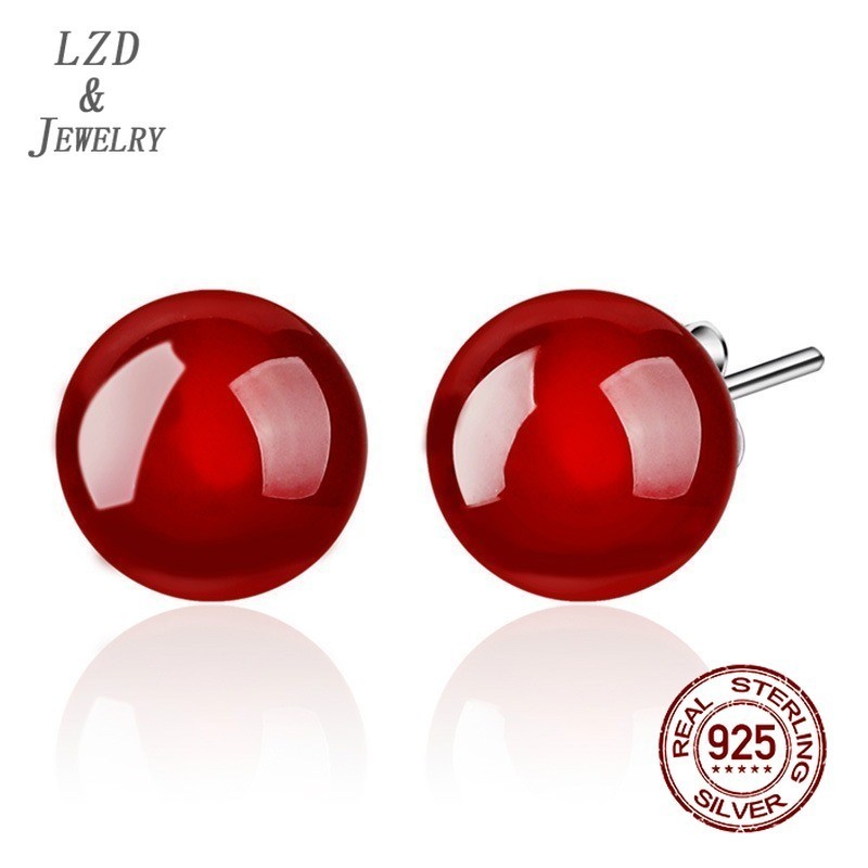 Lzd Fashion round Ball Red Red Agate Ear Studs 925 Silver