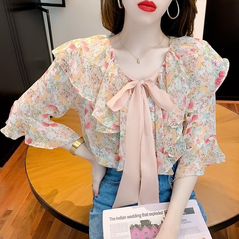 เสื้อชีฟองลายดอกไม้สไตล์ฝรั่งเศสแขนสั้น thumbnail 3