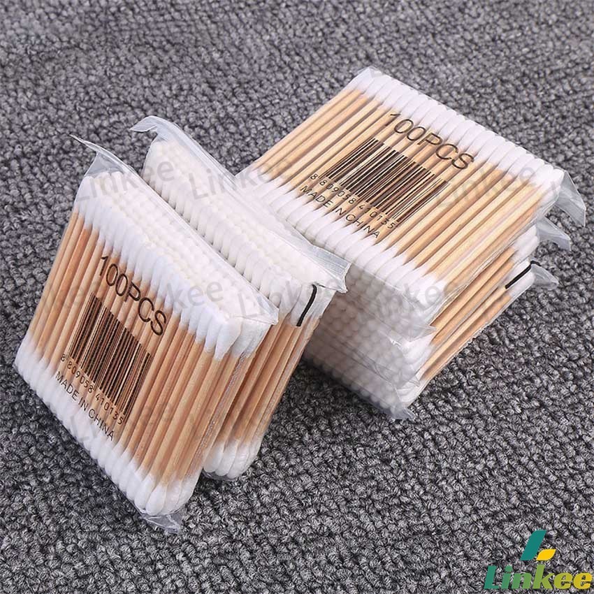 Linkee สำลีก้านด้ามไม้  หัวคู่คัตเติ้ลบัต สำลีแบบไม้  1 แพ็ค บรรจุ 80 ก้าน Cotton swab
