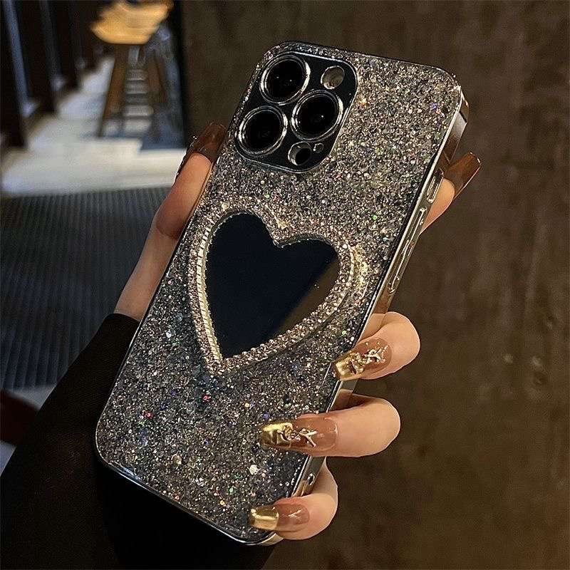 Makp up Diamond Love Mirror Silvery Sparkly Bling Soft สําหรับ iP iPhone 15 14 13 12 11 Pro Max 15plus 15prm 12prm 11prm promax สาวผู ้ หญิง Electroplated Apple แฟชั ่ นหรูหรา