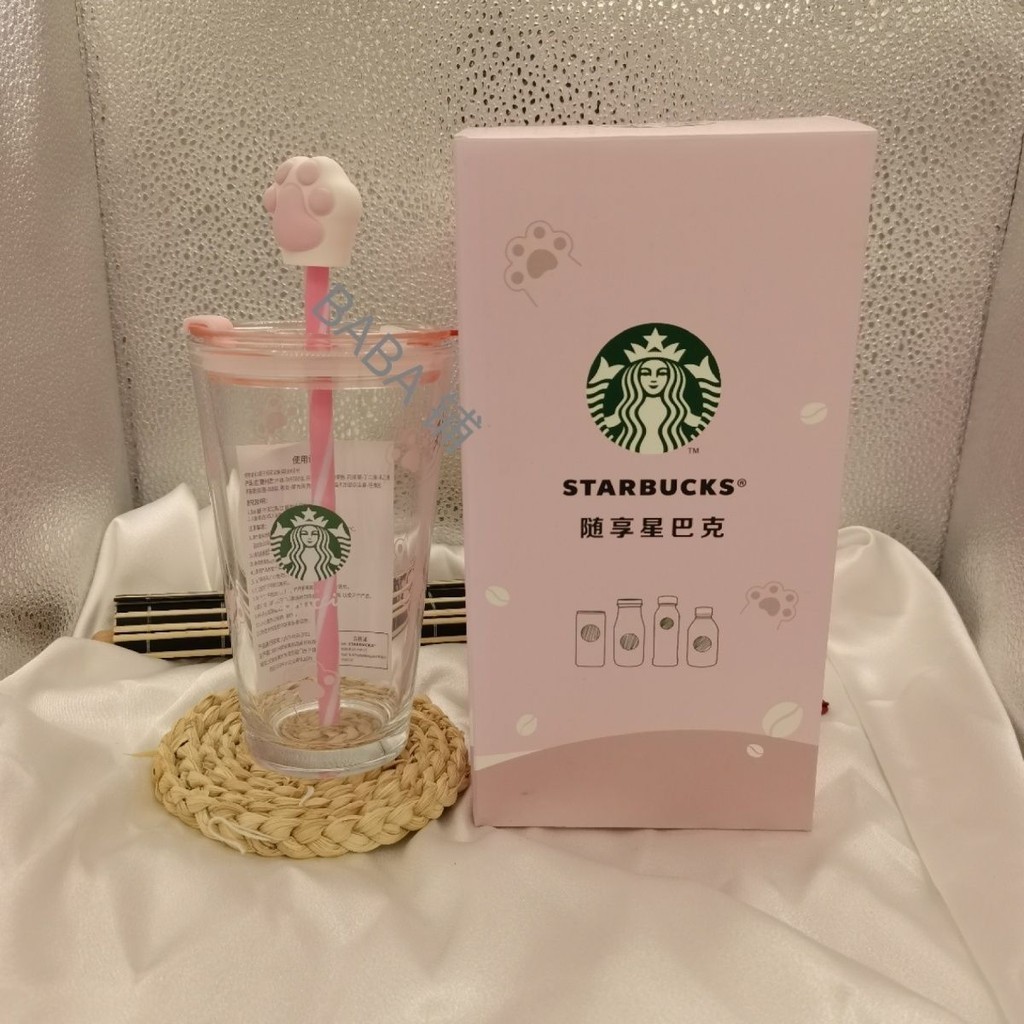 ★Ins Cup Starbucks Ice Happy Cat 's Claw Glass Straw Cup 450ml ของขวัญมูลค ่ าสูงพร ้ อมฝาปิด★ins杯子 星巴克星冰乐随享猫爪玻璃吸管杯450ml高颜值礼物有盖