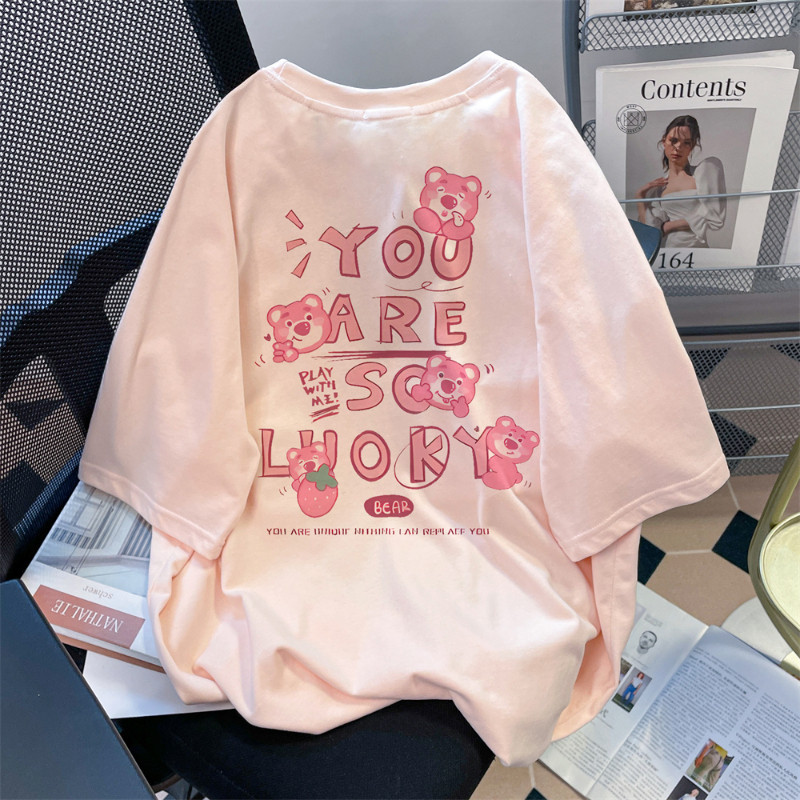 PolyesterSummer หวานการ์ตูนพิมพ์ผู้หญิงรอบคอแขนสั้นเสื้อยืดลําลองหลวมอเนกประสงค์นักเรียน Tshirt