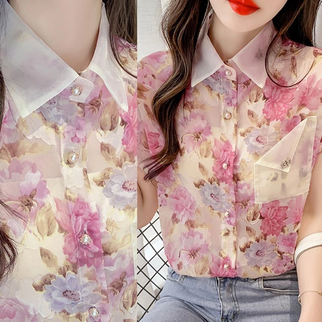 MIMI&DIDI เสื้อเชิ้ตฮาวายแขนสั้นลายดอกไม้ ผ้าชีฟอง W328