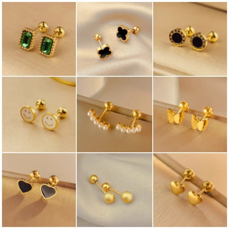 ประณีตไทเทเนียมเหล ็ กหูกระดูกสตั ๊ ดสกรู Anti-Lost Design Ear Studs Electroplating 18K Colorfast คลาสสิกแฟชั ่ นหู Studs