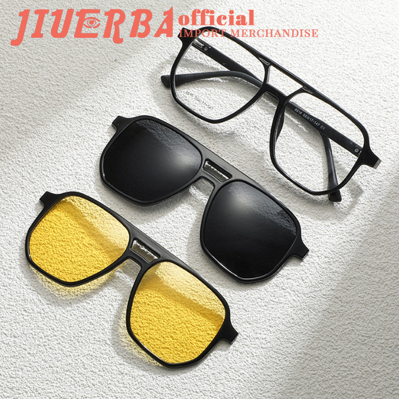 JIUERBA ใหม่วินเทจ Double Beam Aviator แว่นกันแดดแว่นตากรอบขี่จักรยานกลางแจ้ง TR พร้อมคลิปแม่เหล็กห้าอันและแว่นตาแม่เหล็ก