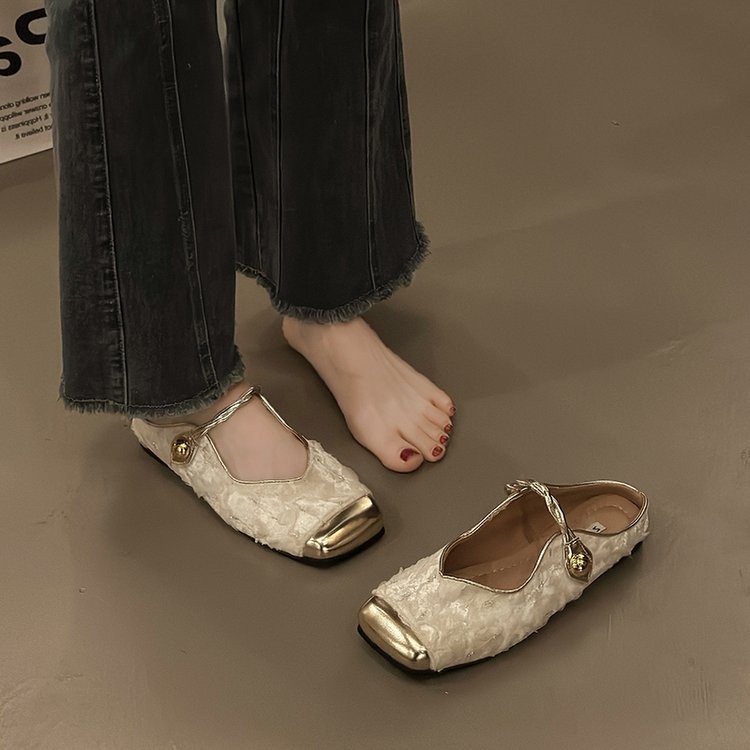 เวอร์ชั่นเกาหลี Classy Mary Jane รองเท้าฤดูร้อนผ้าส้นแบนแบนสวมใส่ด้านนอกสบาย Casual Slip-On ด้านล่างนุ่มรองเท้าแตะขี้เกียจหญิง Factor