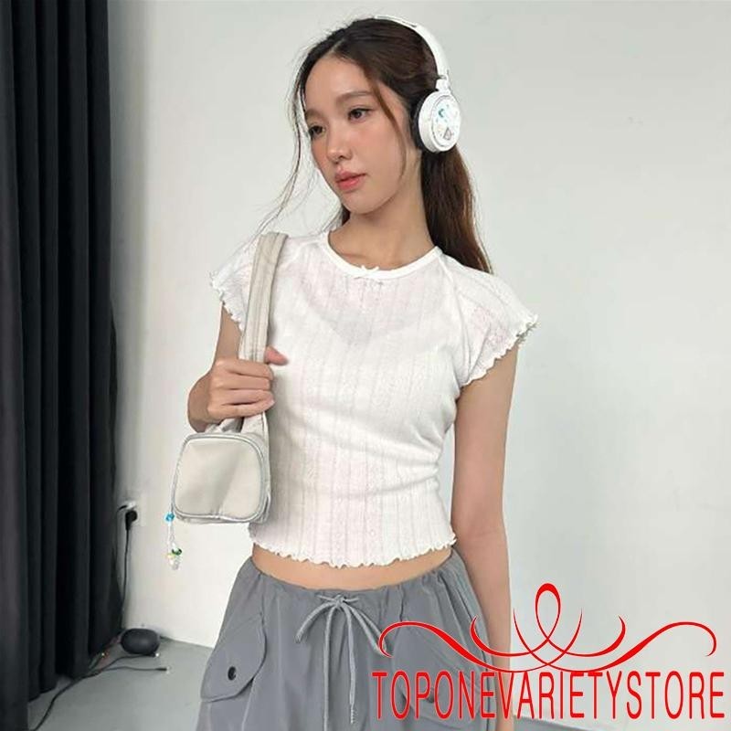 Topone-ผู้หญิงฤดูร้อนเสื้อยืด Slim Lettuce Trim Pointelle รอบคอหมวกแขน Ribbed Crop Tops
