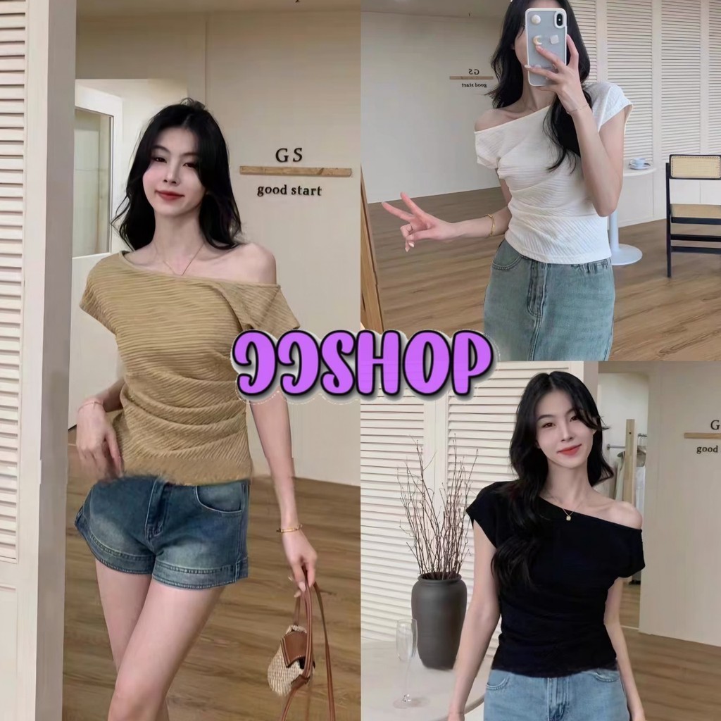 JJ Shop​💜​พร้อมส่ง  เสื้อไหมพรมเปิดไหล่ ดีเทลผ้าร่อง เกาหลีเกาใจ แขนสั้น ยืดกำลังดี "M0551"