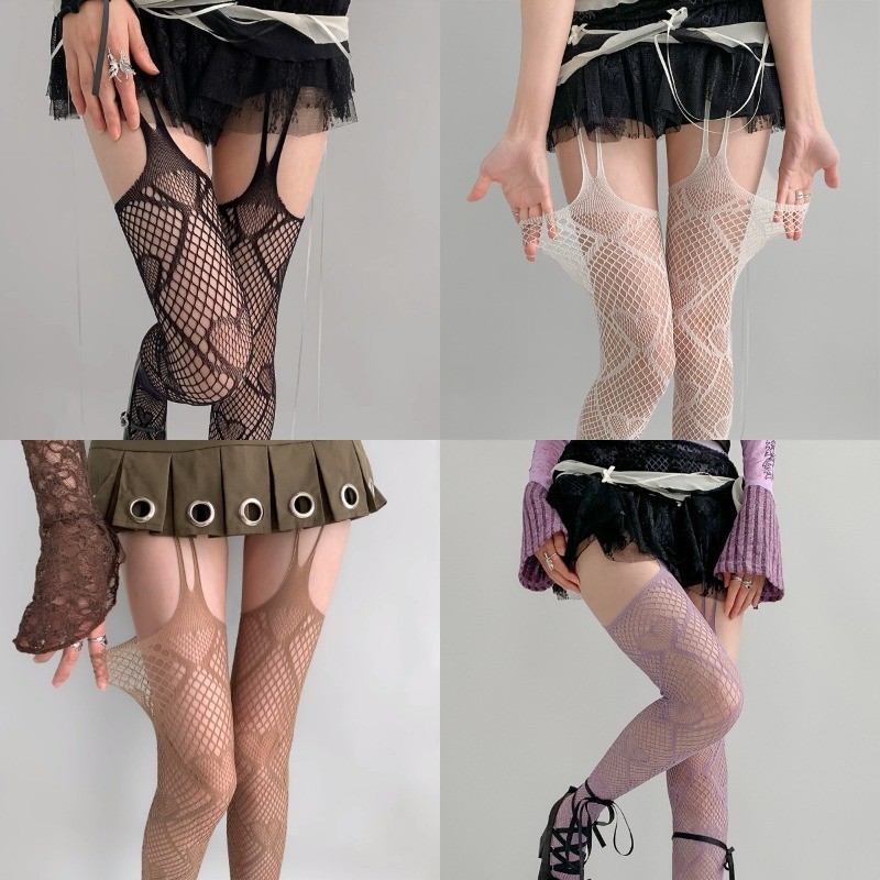 ผู้หญิงญี่ปุ่น Sheer Fishnet Pantyhose Goth Heart Patterned Suspender Tights เซ็กซี่ Hollow Out ต้นขาสูงถุงน่อง