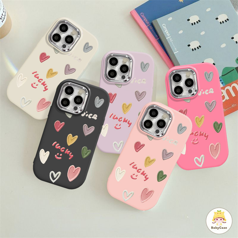 โชคดีสีสันสดใสหัวใจแห่งความรัก Graffiti โลหะปลอกอ่อนสำหรับเลน iPhone 15 14 11 13 12 Pro Max X XR XS Max 8 7 Plus SE 2020