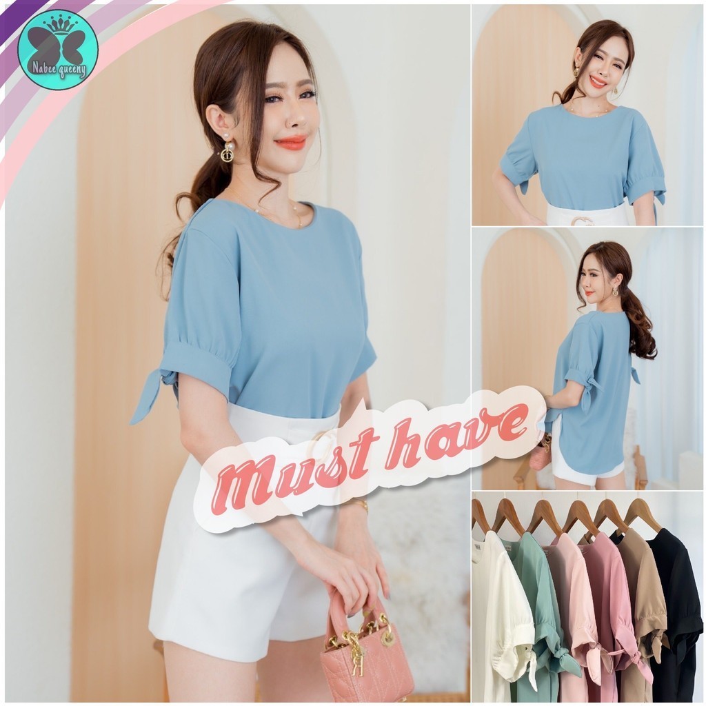 Nabee queeny เสื้อแฟชั่นผู้หญิง แขนสั้นผูกแขน อกใหญ่ สาวอวบ ผ้าดี คัตติ้งสวย งานป้าย proud by up