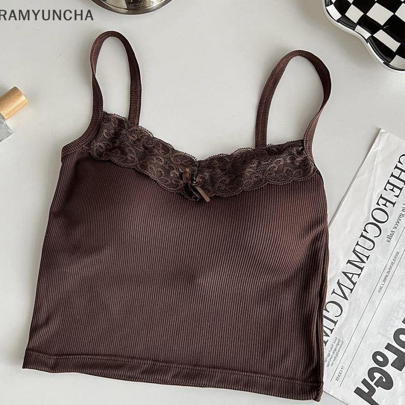 Ram ฤดูร้อนผู้หญิงแฟชั่น V คอโบว์ลูกไม้ Patchwork Slim Camisole พร้อมแผ่นหน้าอก OTC