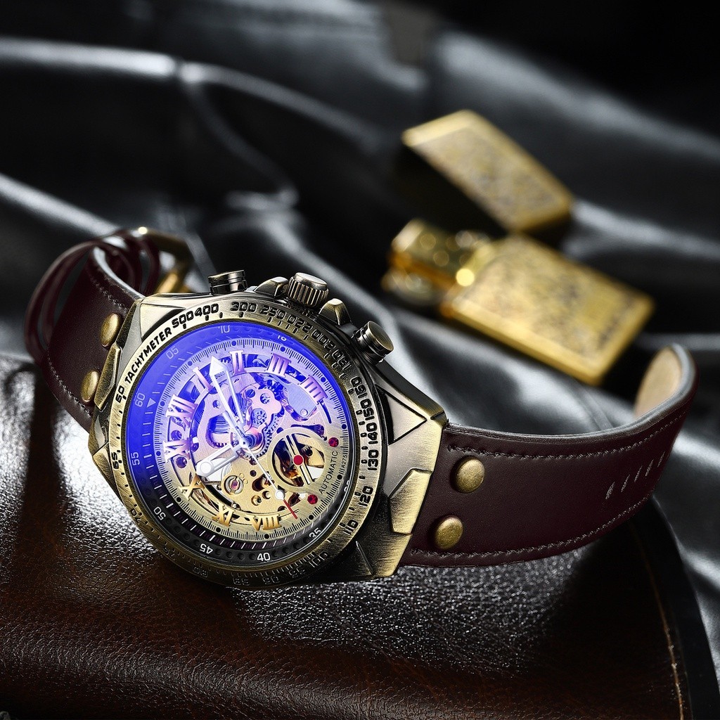 Fngeen Men's Retro Mechanical Watch Leather Waterproof Automatic Mechanical Watch