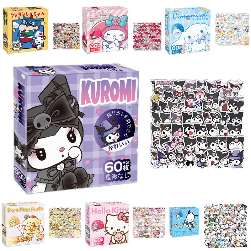 สติกเกอร์ ชุดสติกเกอร์ พร้อมกล่อง Sanrio Kuromi Cinnamon Melody Crayon Shin chan สําหรับติดตกแต่งสมุด