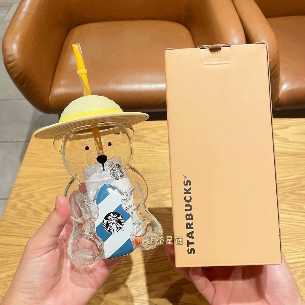 ★Ins Cup 473ml ฤดูร้อน Ocean สีส้มสีเหลืองหมีแก้วฟางถ้วยการ์ตูนทนความร้อนถ้วยฟางหมวกฟางหมี