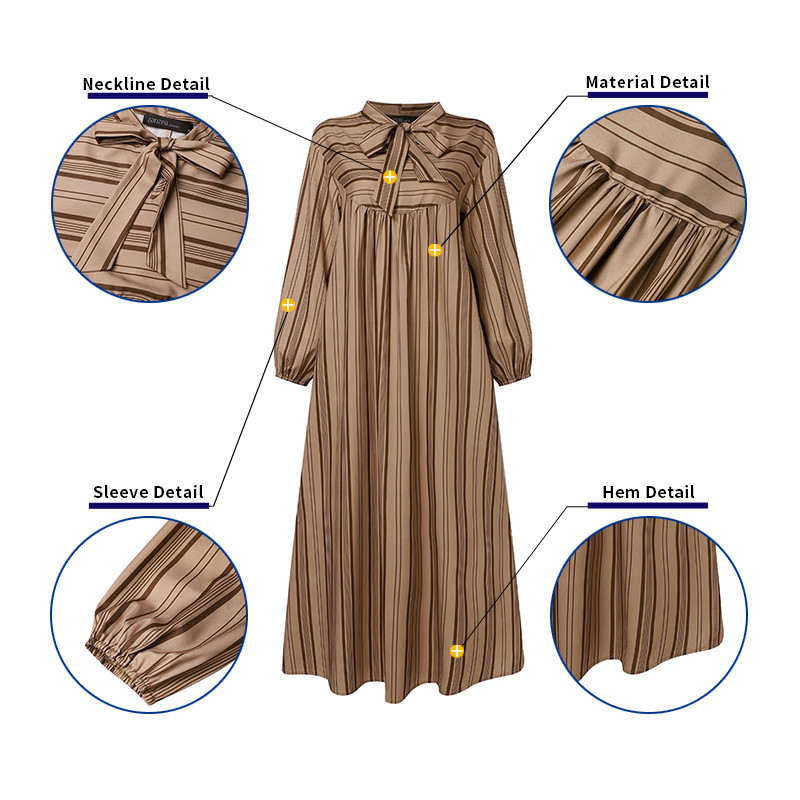 Zanzea ผู ้ หญิงมุสลิมลูกเรือคอหลวม Lace-Up Pleats ชุดเดรสลายไม ่ สม ่ ําเสมอ