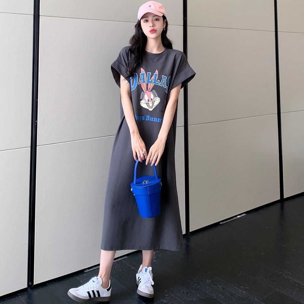 ฤดูร้อนสไตล์เกาหลีอินเทรนด์การ์ตูนพิมพ์แขนสั้นกระโปรงผู้หญิงขนาดบวกชุดลําลองหลวม