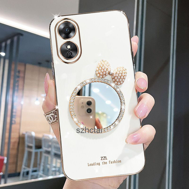 เคส OPPO A17 A97 5G A38 4G A18 กรณีโทรศัพท์ชุบสุดหรู กรณีโทรศัพท์พร้อมกระจกแต่งหน้าโบว์มุก เคสโทรศัพ