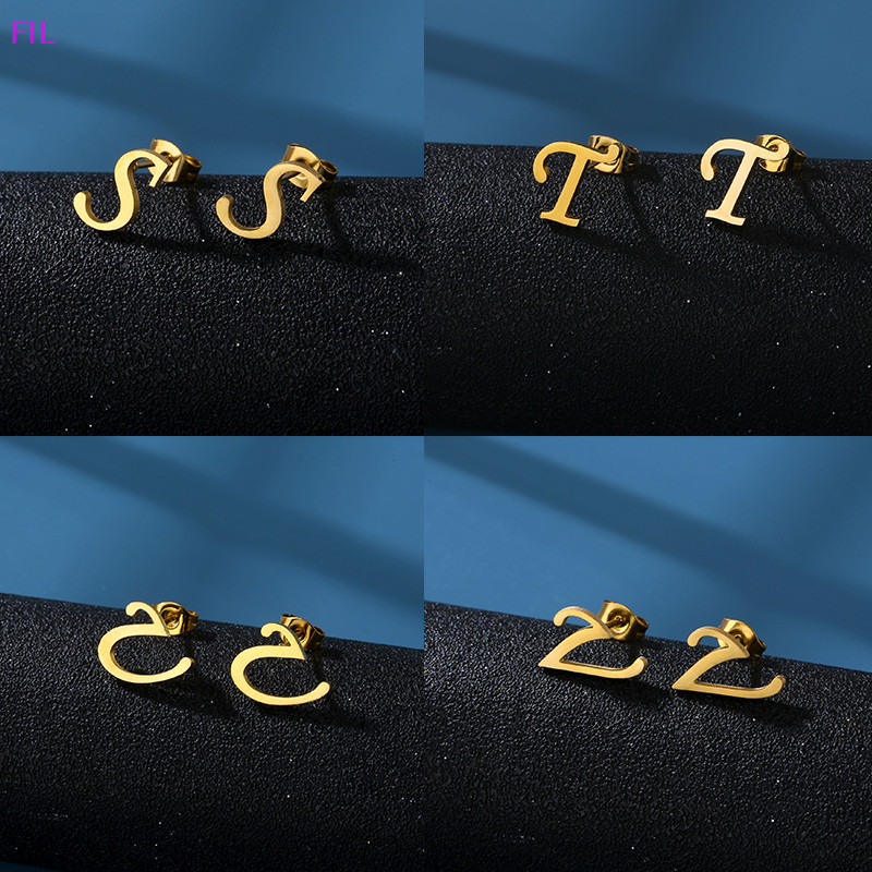 Fil INS สแตนเลส Lucky AZ 26 ตัวอักษรตัวอักษรต ่ างหูกันน ้ ํา Gold Studded ต ่ างหูเครื ่ องประดับของขวัญ OP