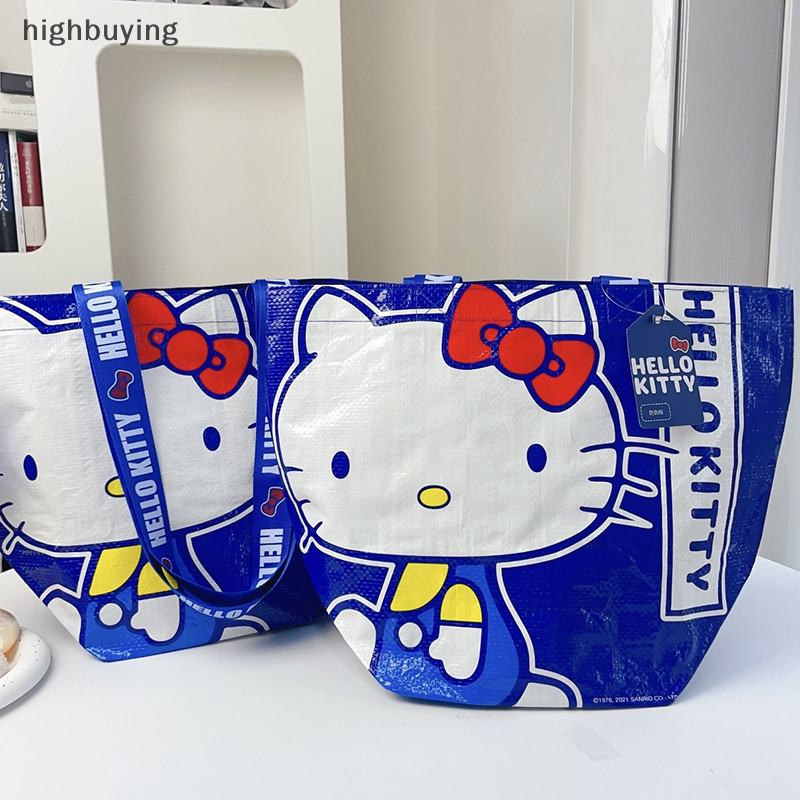 [การซื้อสูง] สุด ๆ น่ารัก สีฟ้า คิตตี้ พิมพ์ช้อปปิ้งกระเป๋าไนลอนเป็นมิตรกับสิ่งแวดล้อมกระเป๋าทอมือหนึ่งไหล่น่ารักและทนทานถุงเก็บหุ้นใ