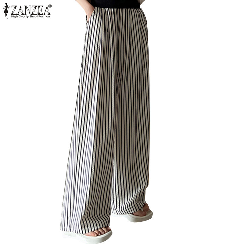 ZANZEA ใส่ ซานเซีย ผู้หญิงทุกวันสีทึบเอวยางยืดหลวมแถบกางเกงขายาว
