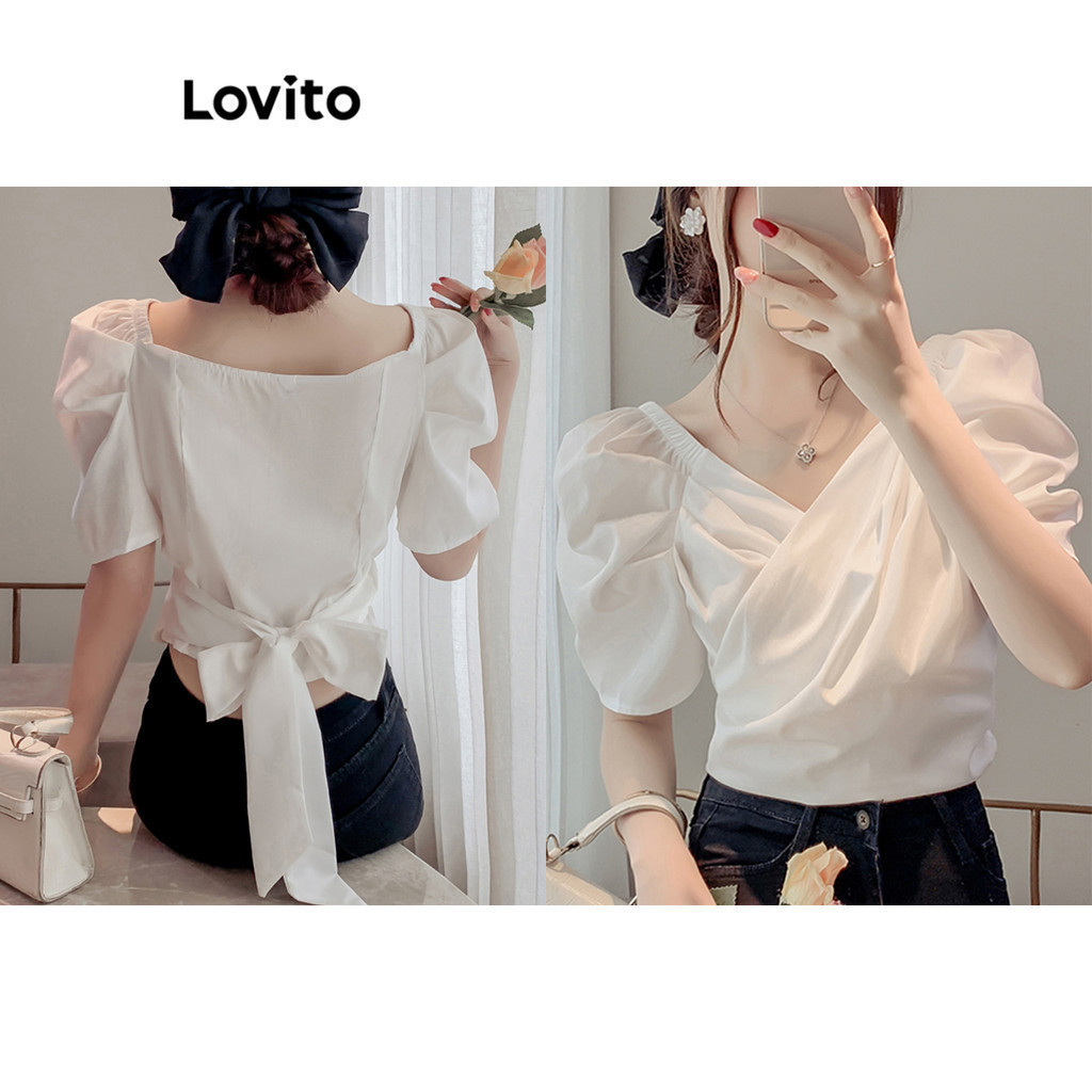 Lovito เสื้อเบลาส์ผู้หญิง แบบผูกเชือก สีพื้น สไตล์หรูหรา LNE44021