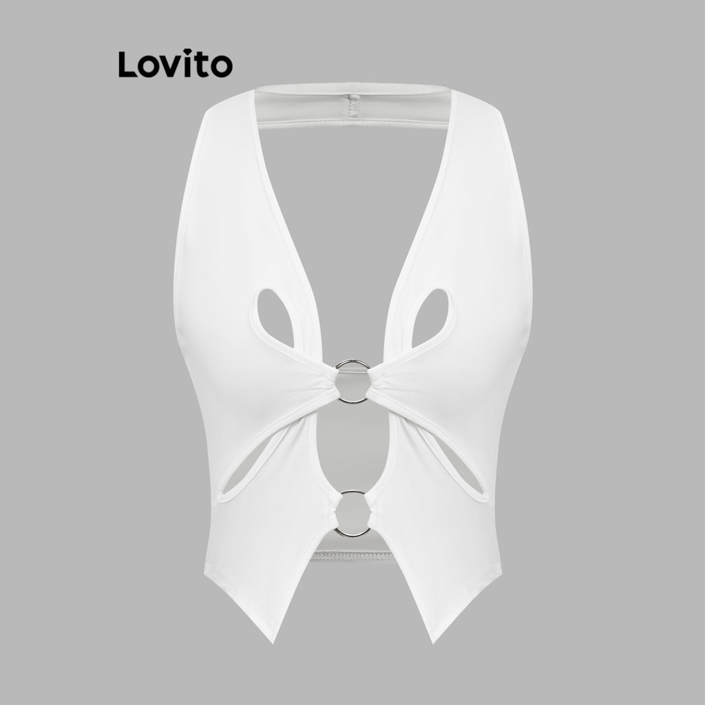 Lovito เสื้อแขนกุดผู้หญิง แต่งห่วง สีพื้น สไตล์เซ็กซี่ L88AD035