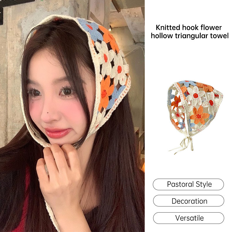 ร้านค้าไทย🌸ตะขอถักผ้าโพกหัวดอกไม้ Hollow Out สามเหลี่ยมผ้าพันคอหวานน่ารักพระลมผ้าโพกหัว-yvettery.th