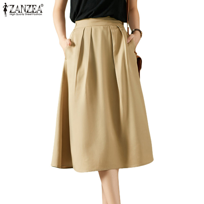 Zanzea ผู้หญิงเกาหลีลําลองเอวยางยืดหลวม A-Line กระเป๋าด้านข้างกระโปรง