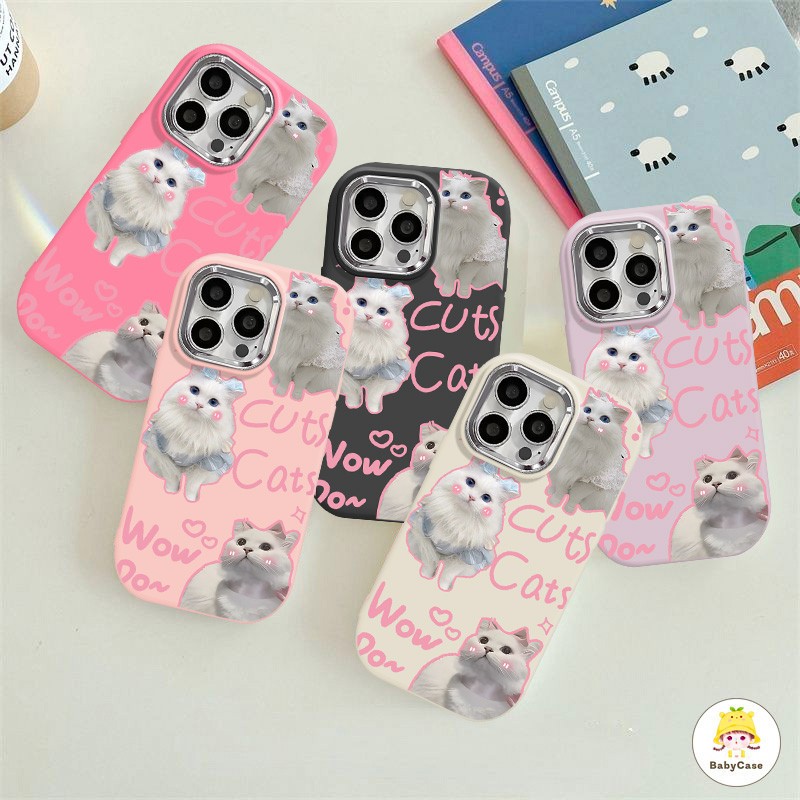 ลายกราฟฟิตี้คู่รัเลนส์โลหะชุบแมวสีขาวน่ารัก เคสไอโฟน XR 11 13 12 15 14 Pro Max 8 14 15 7 Plus เคสiPhone X XS Max SE 2020