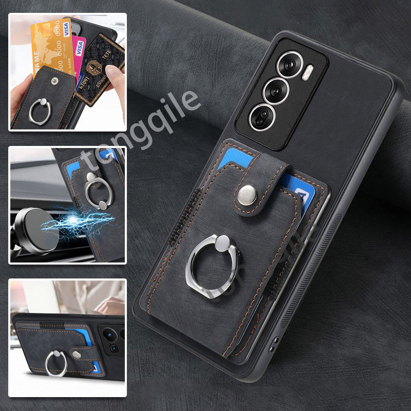 กรณีสําหรับ OPPO Reno12 Pro Reno 12 12Pro 5G 2024 หรูหราหนังฝาครอบโทรศัพท์ปลอกหัวเข็มขัดช่องใส่การ์ดกระเป๋าสตางค์แหวนผู้ถือกันชนกันกระแทก Soft TPU Edge