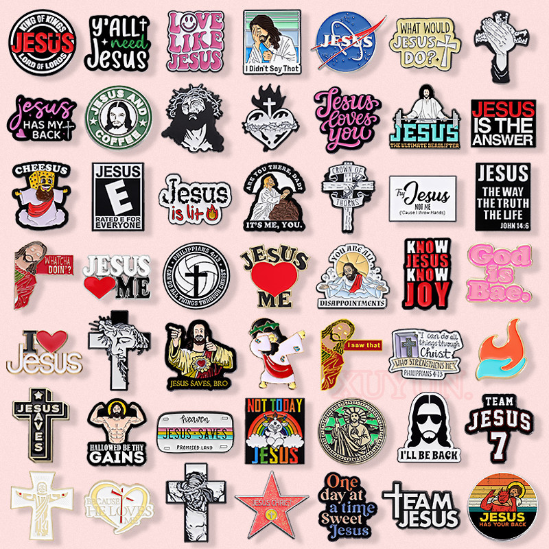 100รูปแบบอีสเตอร์พระเยซูชุดเคลือบ หมุด ฉันรักพระเยซูข้อความเข็มกลัดโลหะข้ามป้ายอุปกรณ์เสื้อผ้าเครื่องประดับของขวัญ