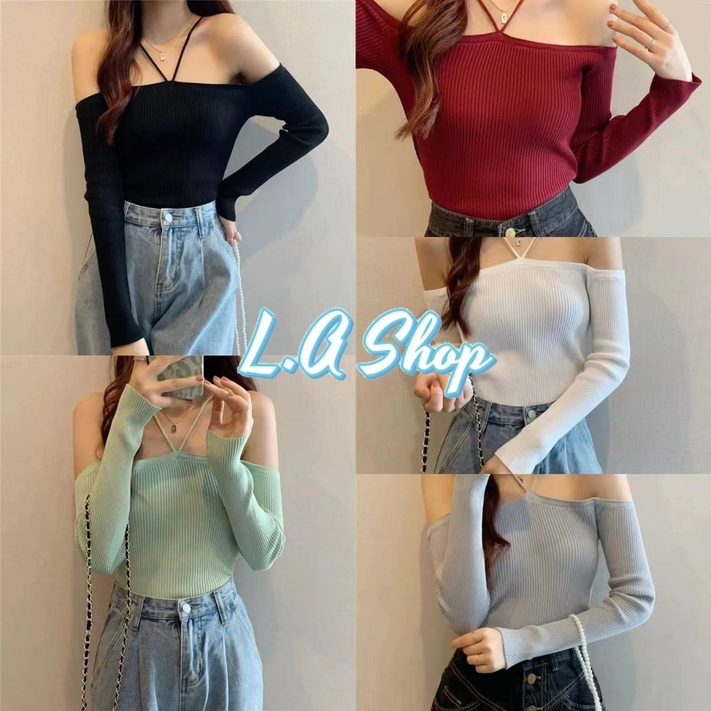 L.A Shop ส่วนลดสำหรับสองชิ้น พร้อมส่ง เสื้อยืดแขนยาวไหมพรมปาดไหล่เซ็กซี่ ''11202-1''+''11202-1''