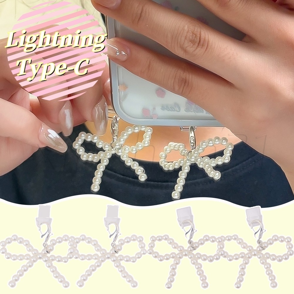 Pearl Bow ปลั๊กกันฝุ่นโทรศัพท์มือถือ-พอร์ตชาร์จโทรศัพท์ฝาครอบกันฝุ่น-ฝาปิดสําหรับ IPhone Xiaomi Samsung - พลาสติก, ป้องกันฝุ่น, ตกแต่ง-สําหรับ Type C