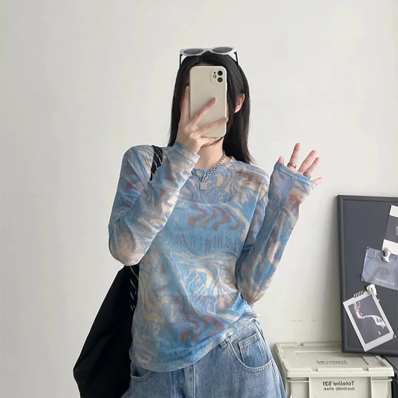 เสื้อยืดแขนยาวตาข่ายบางสีน้ําเงินสําหรับฤดูร้อนสําหรับผู้หญิง