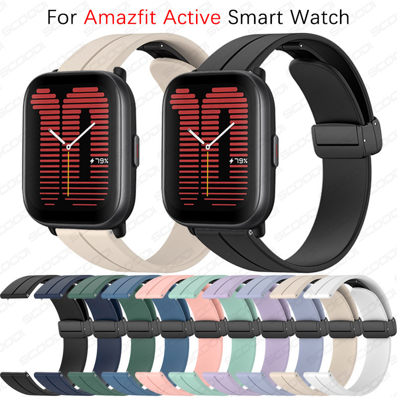 สายรัดหัวเข็มขัดพับซิลิโคนแม่เหล็กสําหรับสายนาฬิกาข้อมือ Amazfit Active / Active 2 Smart watch