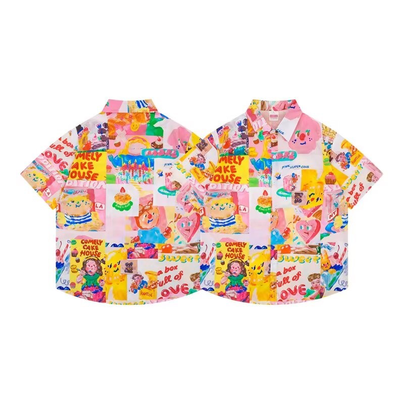American Street Wear Sweet Cool Style Cartoon Full Print Men Women Retro Dopamine Pink Shirt