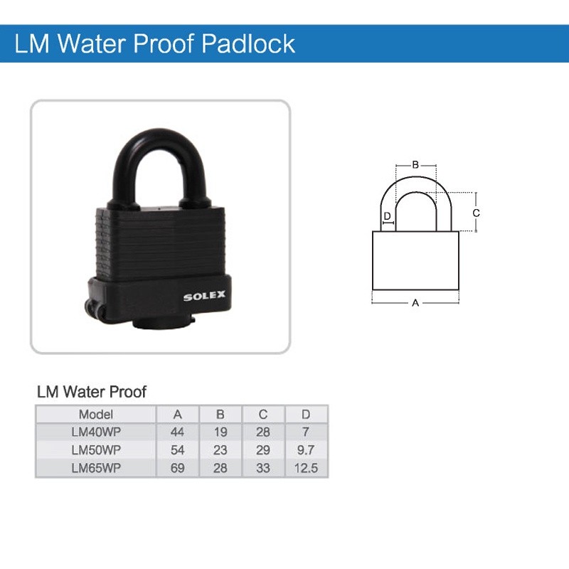 ล็อคแน่น SOLEX แม่กุญแจ กันน้ำ กันฝน กันฝุ่น ขนาด 40 50 65 มม LM WP waterproofs